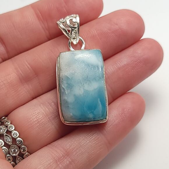 Tranquil Blue Larimar Silver Pendant (1.5") with 18" Necklace - Picture 7 of 8